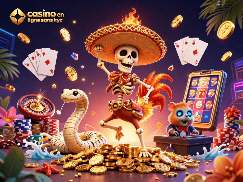 Images captivantes de casino en ligne sans KYC avec un rooster mariachi et des pièces d'or flottantes.