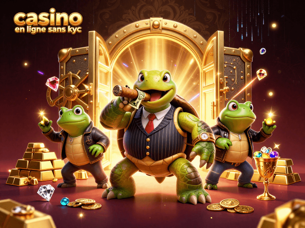 Jouez au casino en ligne sans KYC avec cette illustration dynamique de personnages et de trésors.