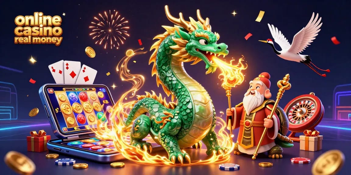 Engage with online casino real money excitement, featuring a dragon and sage amidst gaming elements.