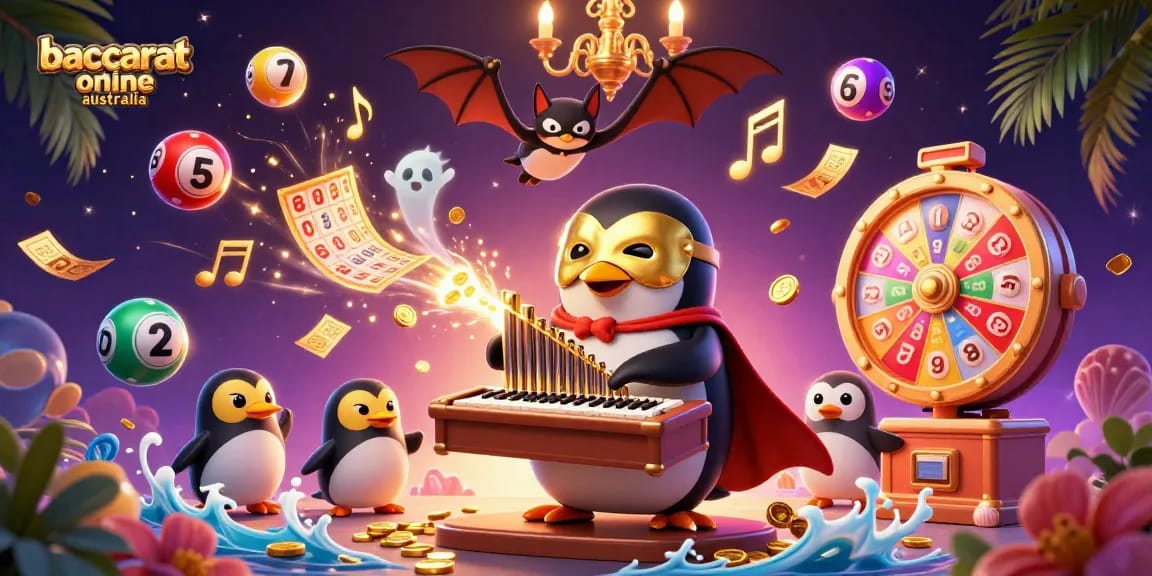 Baccarat online Australia scene featuring a penguin in a golden mask and a bat acrobat, surrounded by dynamic casino elements.