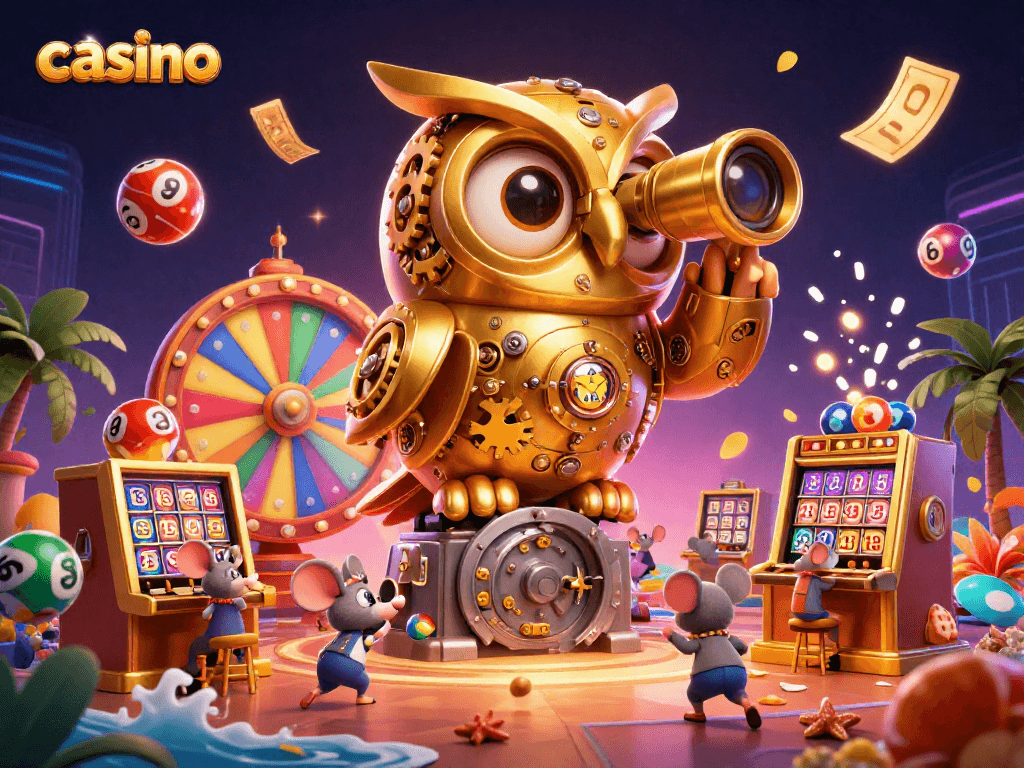 Engaging casino illustration featuring a golden owl and lottery elements creating excitement.
