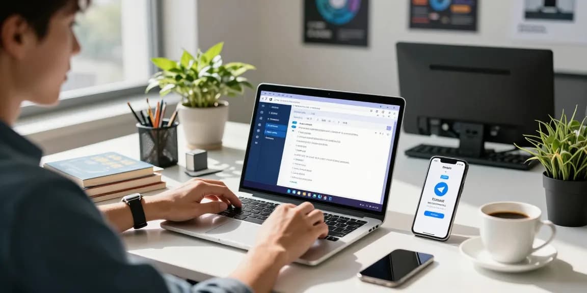 Configuring Telegram Chinese settings in a modern office workspace with tech gadgets and natural light.
