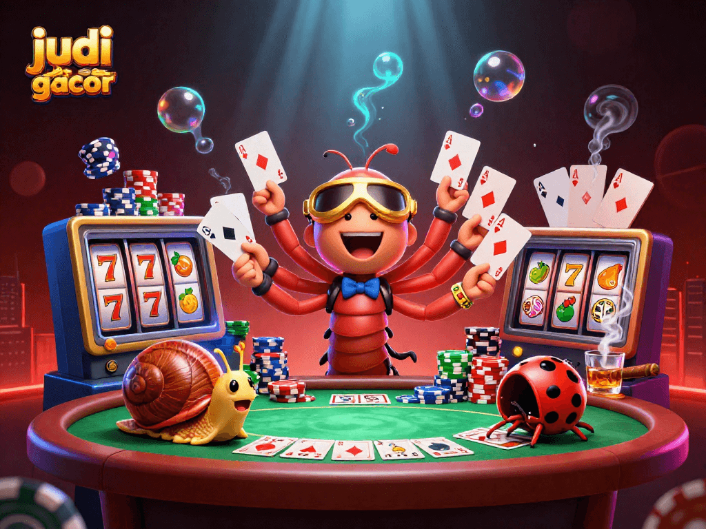 Menghadapi judi slot gacor dengan dealer kartun, tumpukan chip besar, dan suasana kasino yang meriah.