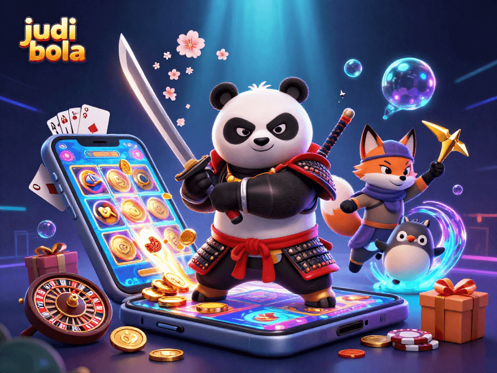 Engage in judi bola with a fierce samurai panda, ninja fox, and magical tanuki amidst vibrant casino elements.