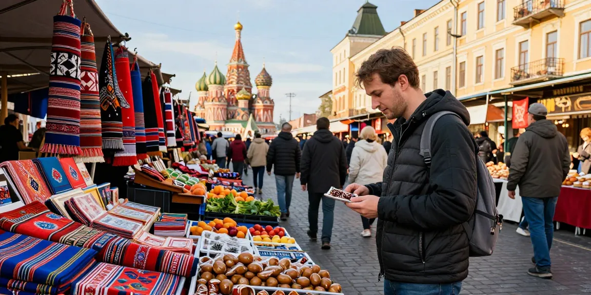 En https://payinrussia.com/, un viajero explora un mercado local en Rusia, disfrutando de productos artesanales y alimentos frescos.