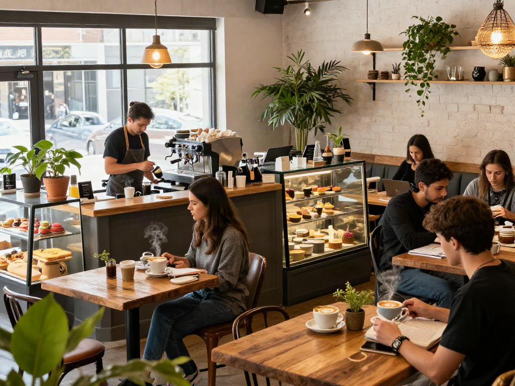 rokok88 coffee lovers enjoying drinks in a vibrant café setting