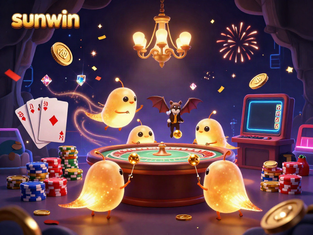Experience sunwin's vibrant casino atmosphere with glowworms lighting a card table and coins cascading.
