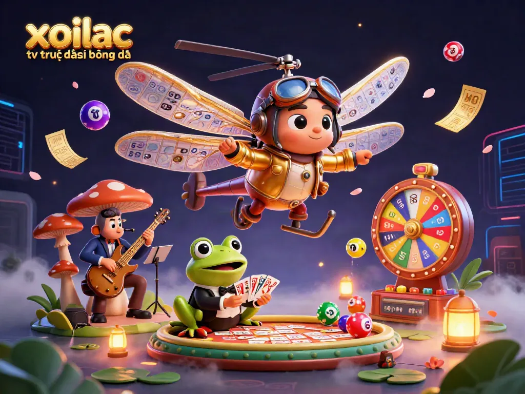 Xoilac tv trực tiếp bóng đá features a vibrant dragonfly helicopter pilot in an energetic casino scene.