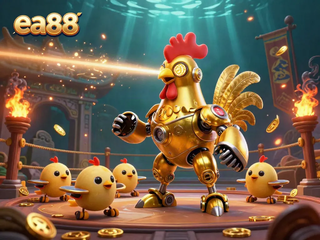 The ea88 golden rooster robot leads an exciting, dynamic casino scene filled with golden coins and betting tokens.