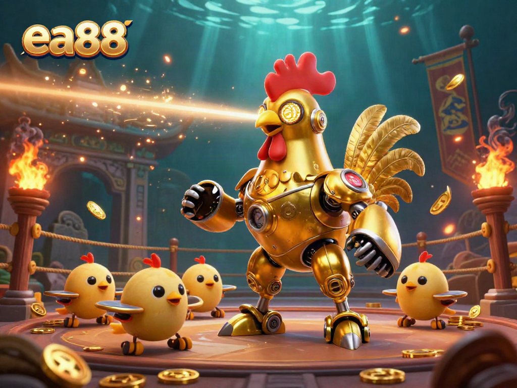 The ea88 golden rooster robot leads an exciting, dynamic casino scene filled with golden coins and betting tokens.