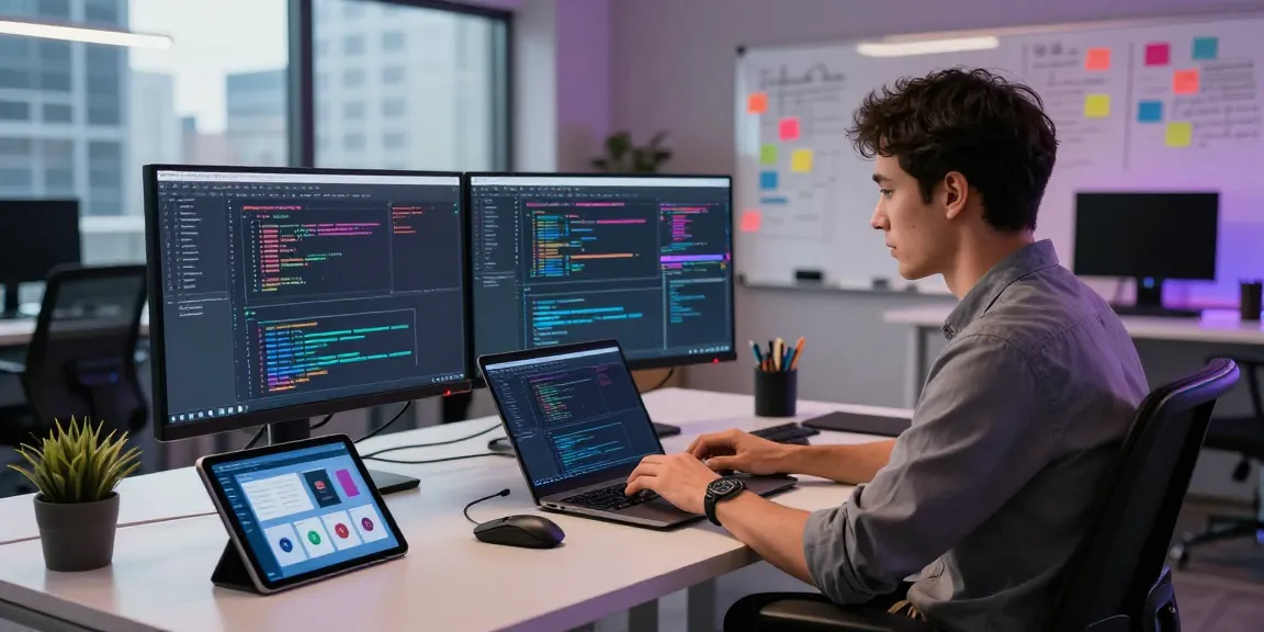 Professional coder working at the WPS Official Website in a modern office setup