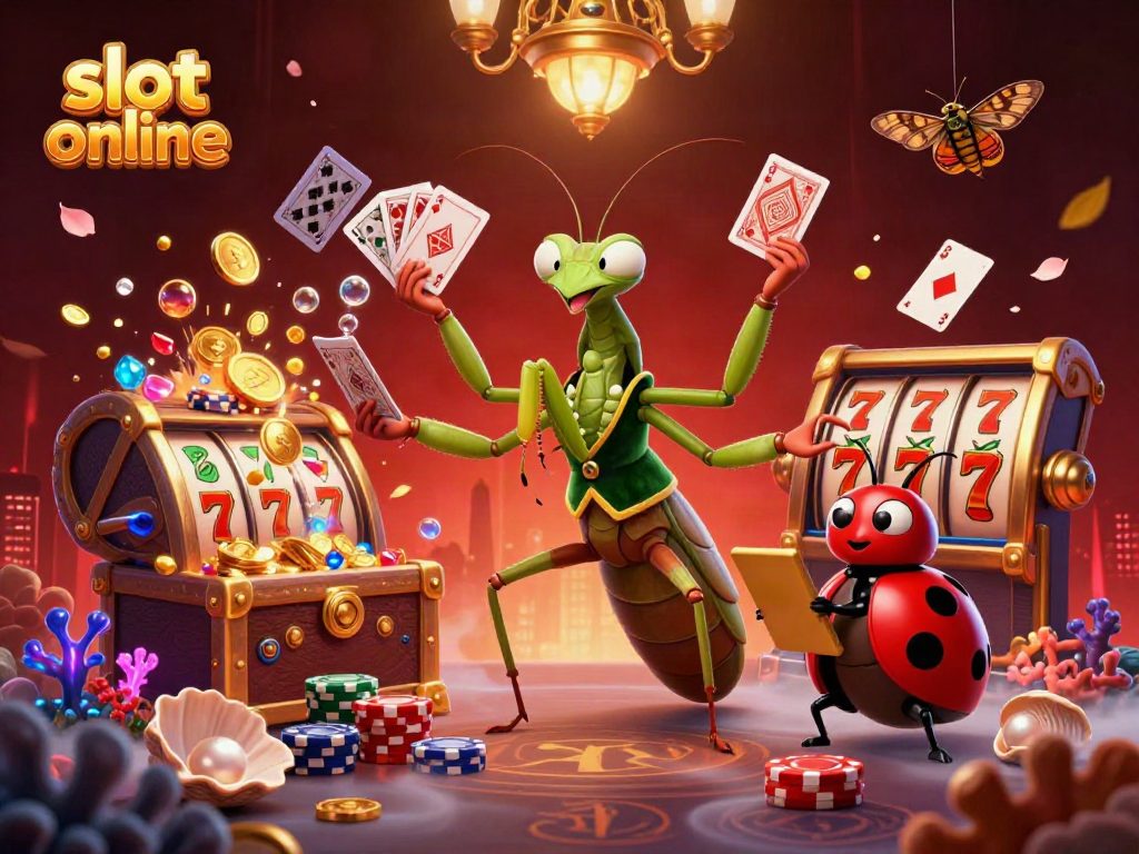 Spin the reels in this vibrant slot online scene with a mantis dealer and sparkling treasures.