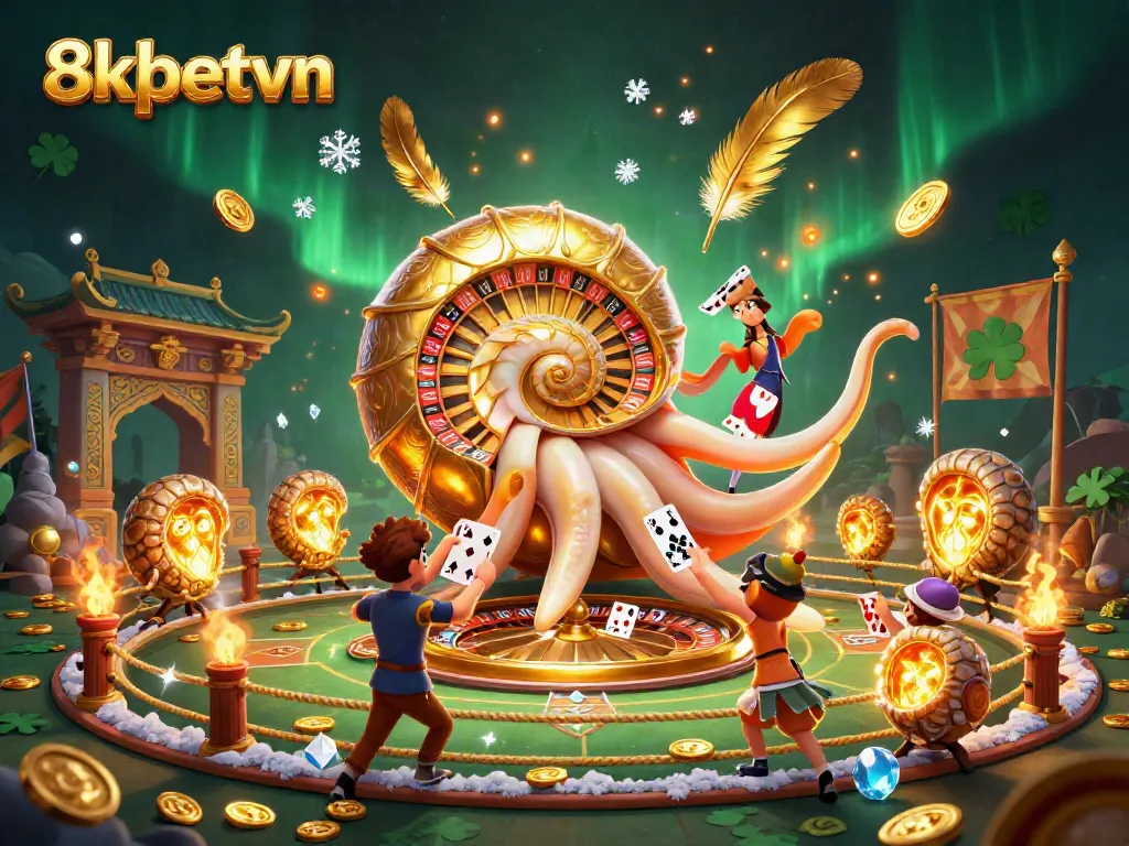 Engage with 8xbetvn's vibrant casino world featuring a giant nautilus roulette wheel and glowing ammonite companions.