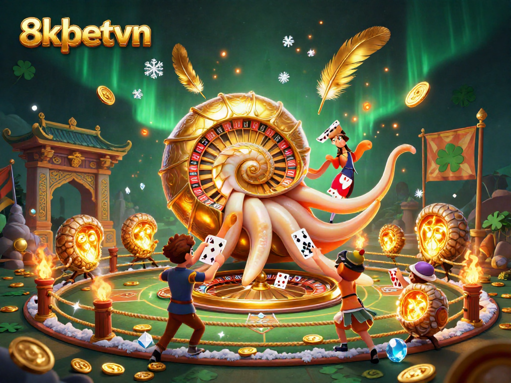Engage with 8xbetvn's vibrant casino world featuring a giant nautilus roulette wheel and glowing ammonite companions.