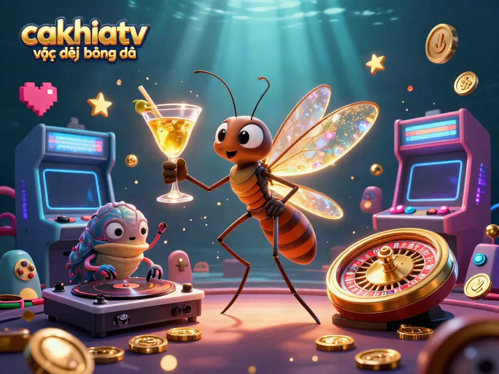 CakhiaTV trực tiếp bóng đá vibrant 3D illustration featuring a lively casino scene with characters and gaming elements.