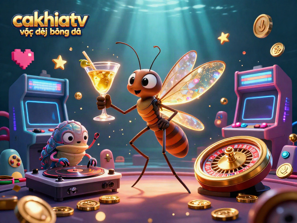CakhiaTV trực tiếp bóng đá vibrant 3D illustration featuring a lively casino scene with characters and gaming elements.