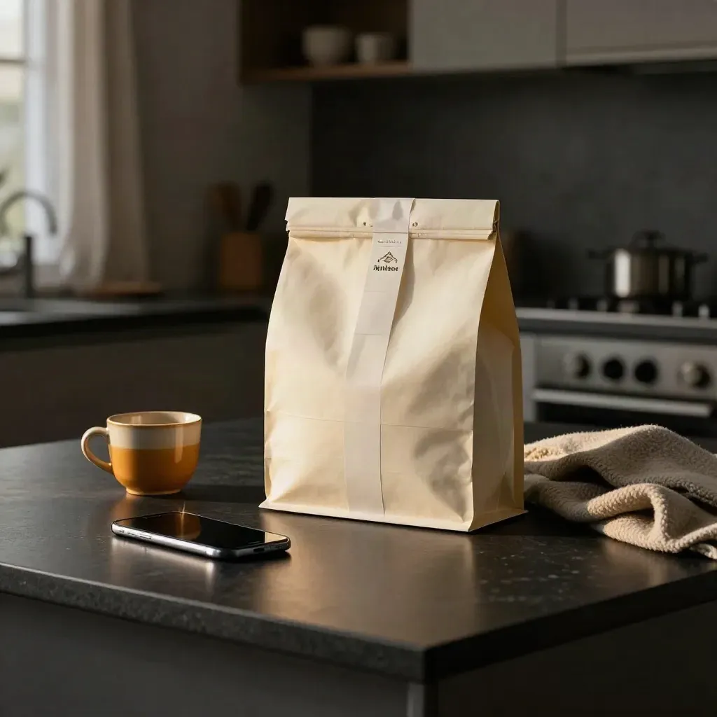 Abonnemangspaket, mobil, kaffekopp och filt på mörk köksö i dramatisk belysning.