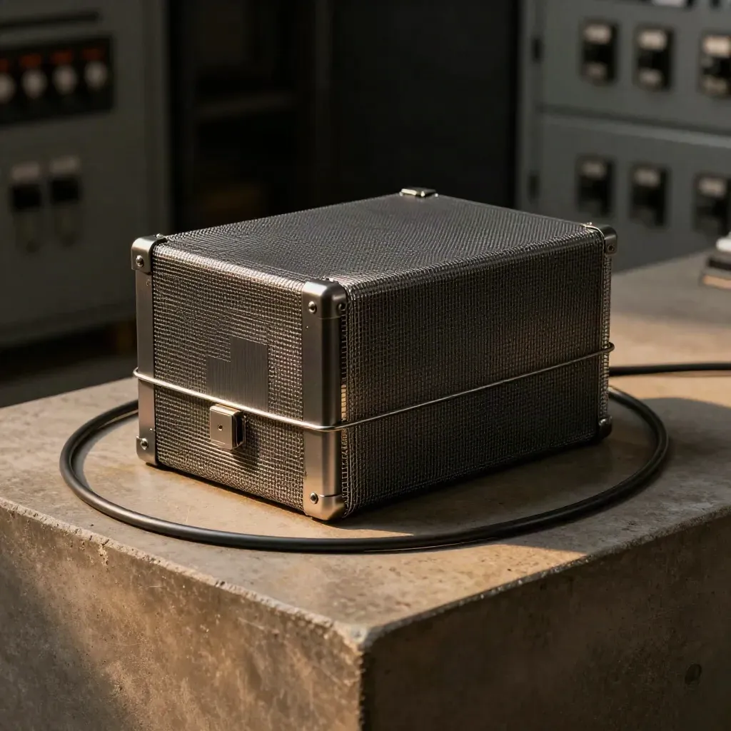 Mörk teknisk pärm med metallnät, liten transformator och kabelsegment i mjukt studiobrus.