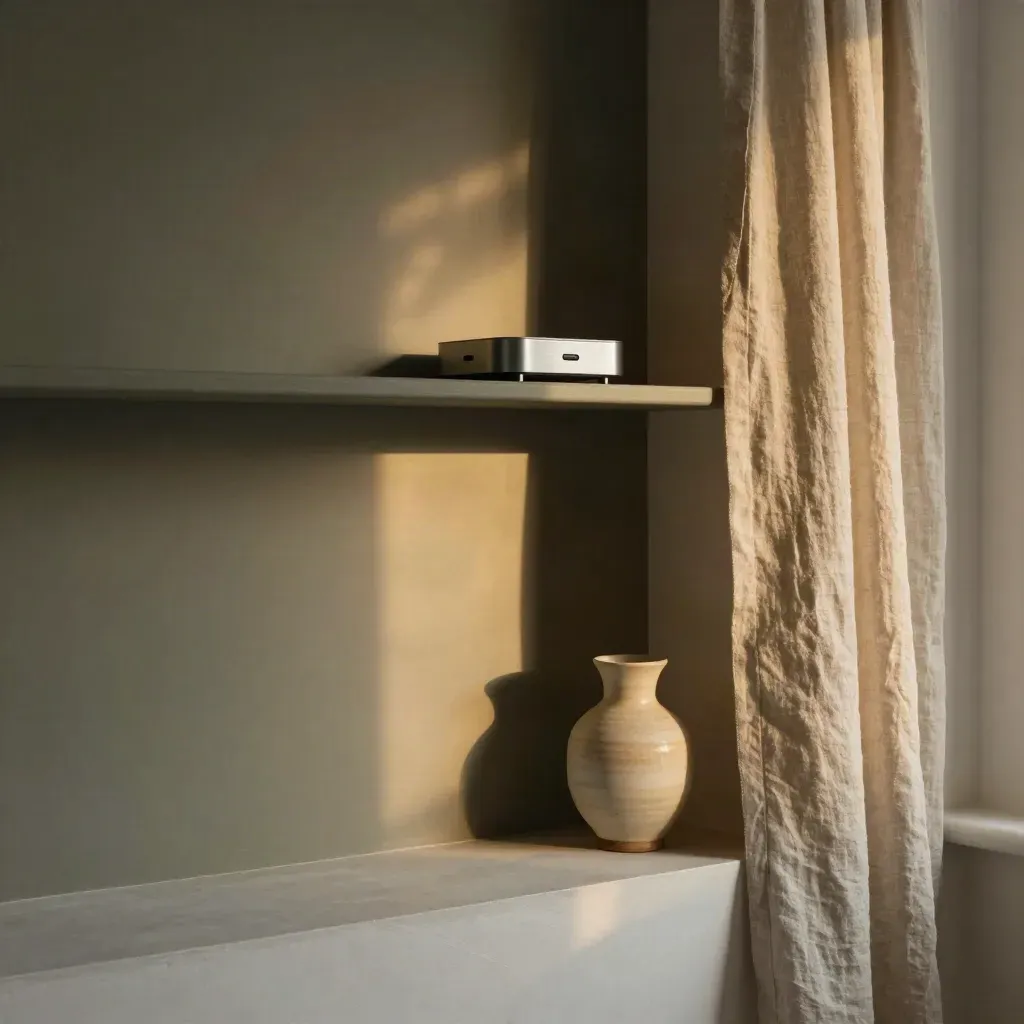 Varmt rum med linnegardin, liten keramisk lampa och mörk hylla i mjukt eftermiddagsljus.