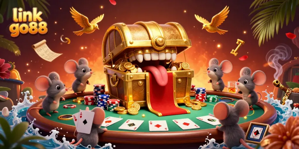 Experience the thrill of gaming with link go88 at this vibrant online casino illustration featuring adventure and riches.