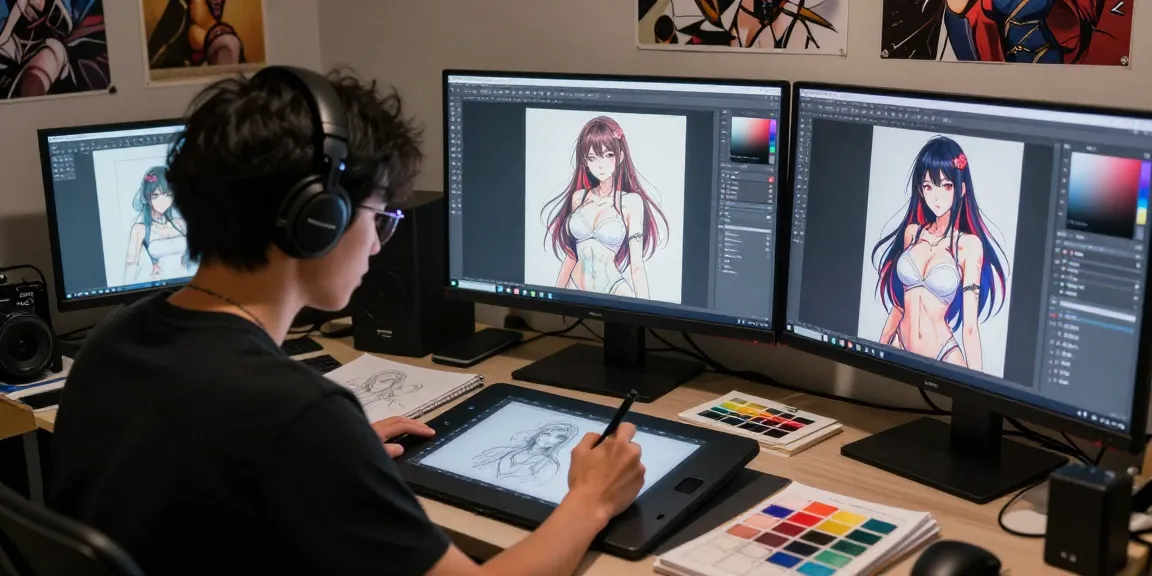 Creating AI hentai art in a vibrant digital studio with an artist at work.