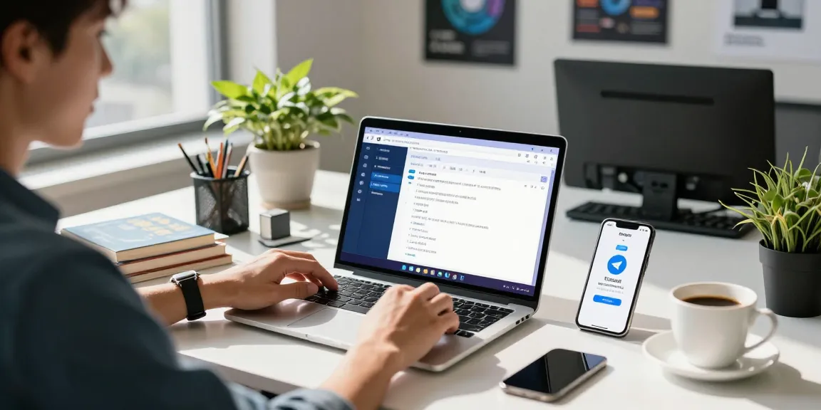 Configuring Telegram Chinese settings in a modern office workspace with tech gadgets and natural light.