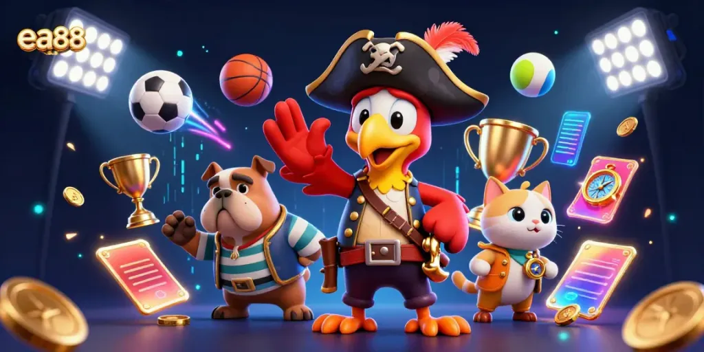 Experience thrilling bets at ea88 with a lively pirate scene filled with sports elements.