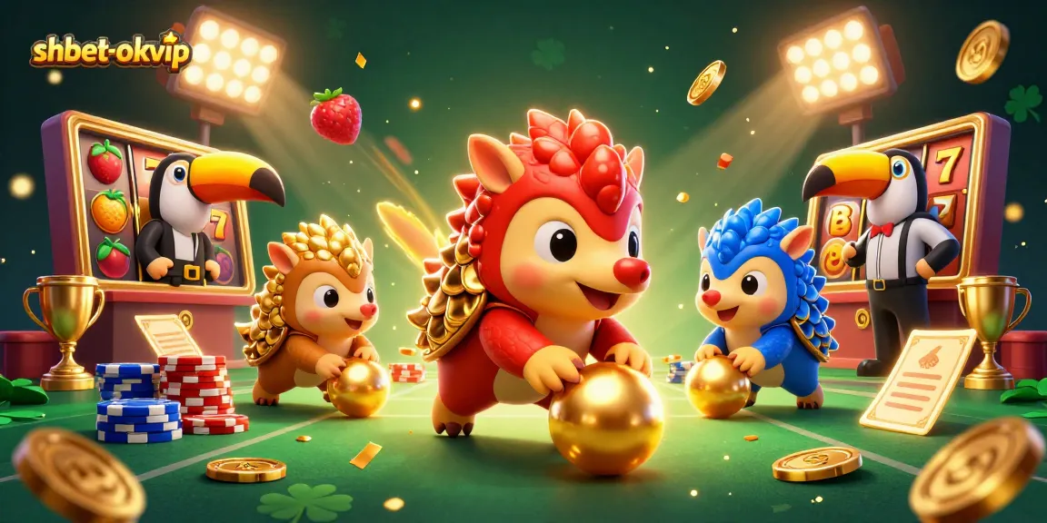 Experience the thrill of shbet-okvip with animated pangolins bowling through golden poker chips in a vibrant casino scene.