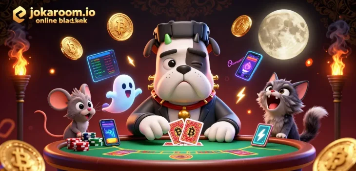 Play engaging jokaroom.io online blackjack with a whimsical spooky scene featuring a unique Frankenstein bulldog dealer.